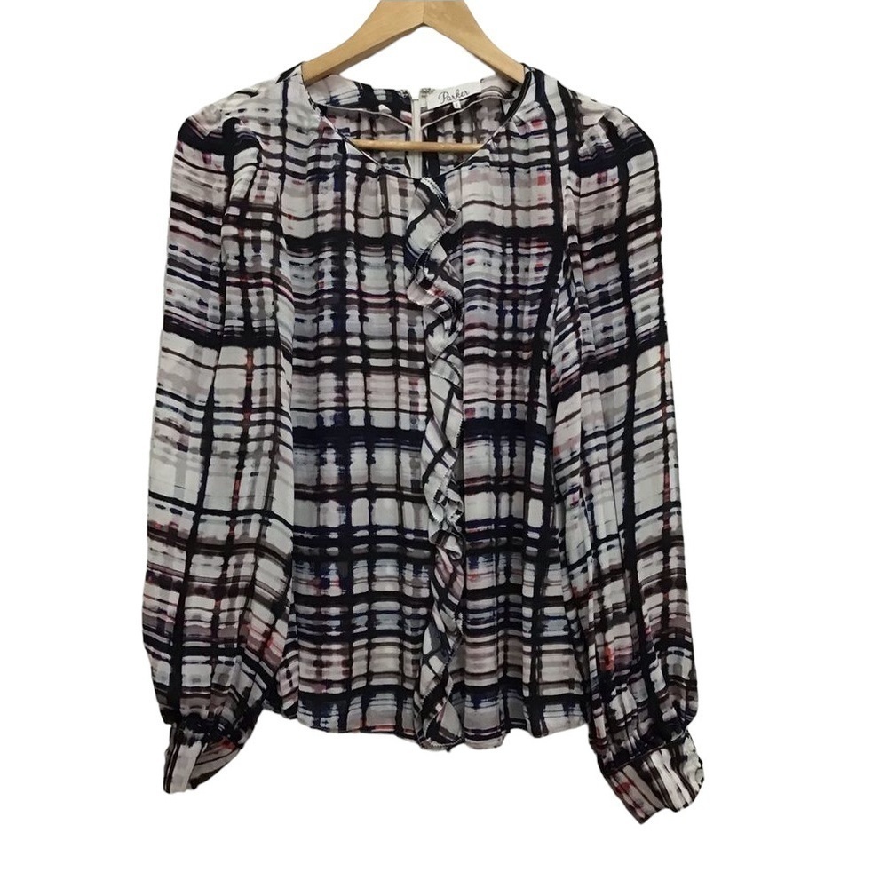 PARKER 100% silk button down blouse small black white pink